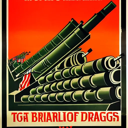 Image similar to propaganda poster featuring an extremely large number of artillery cannons, artillery, guns, limited palette, ww 1