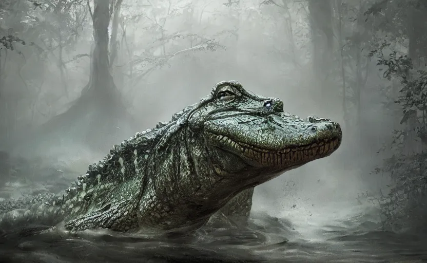 Image similar to a masterpiece of a crocodile with steam coming from it's nostrils, misty swamp, cinematic, fantasy, hyper detailed, digital painting, 4 k realistic, trending on artstation, sharp focus, john banovich, photographer art wolfe, light source on left