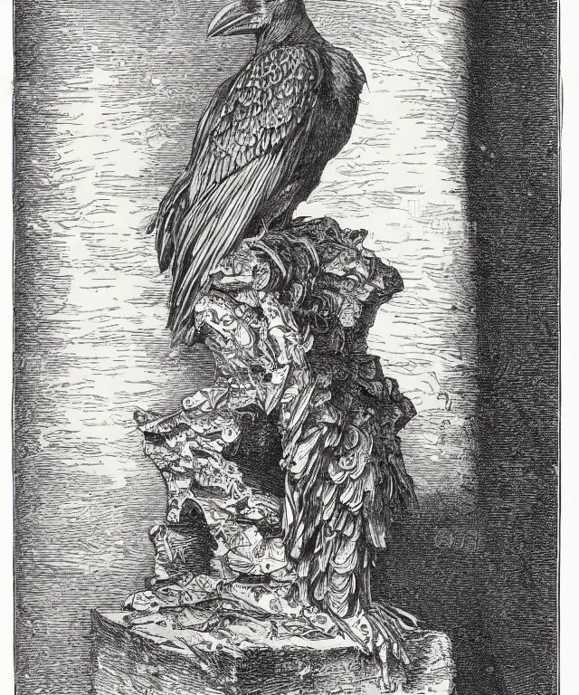 Image similar to raven sitting on a bust of pallas above a door, art by james o barr and albrecht durer and gustave dore, woodblock print, engraved, black and white, vector, vector art