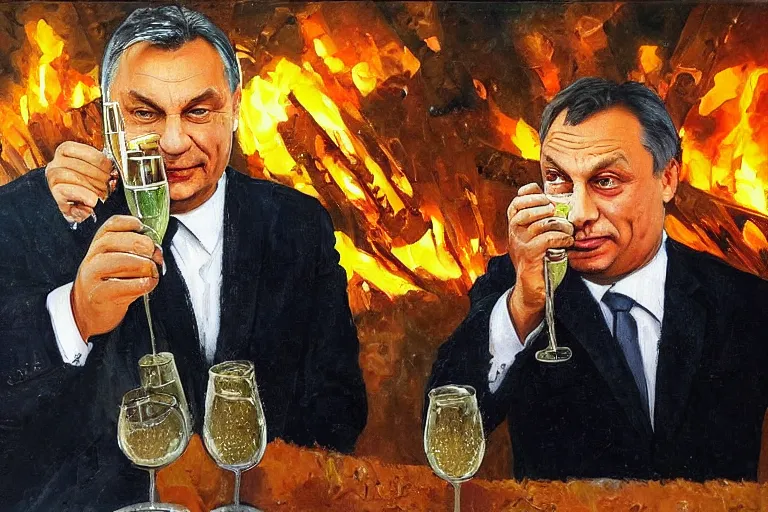 Prompt: viktor orban drinking champagne with putin in front a burning city, oil painting