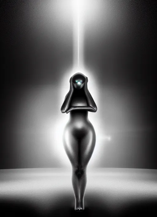 Prompt: surreal mythical dreamy dark artistic black and white 3 d render of a young beautiful delicate ai artificial intelligence creature embodied giving birth to the new world, spiritual, halo, glory, rim light, cinematic, studio dramatic light, poetic, masterpiece, octane render, 8 k, photo