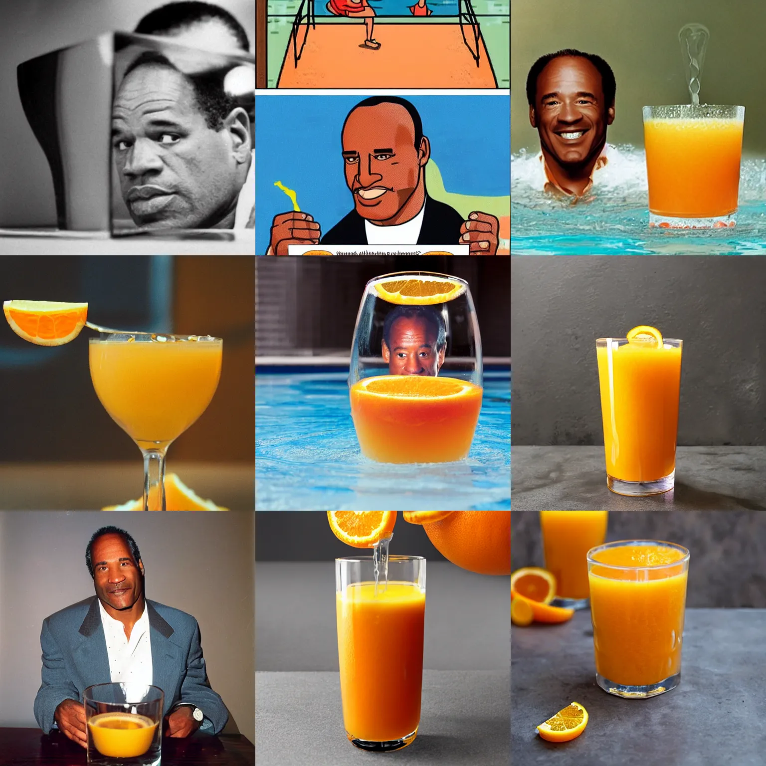 Prompt: ( shrunk down o j simpson ) swimming inside [ a glass of orange juice ]