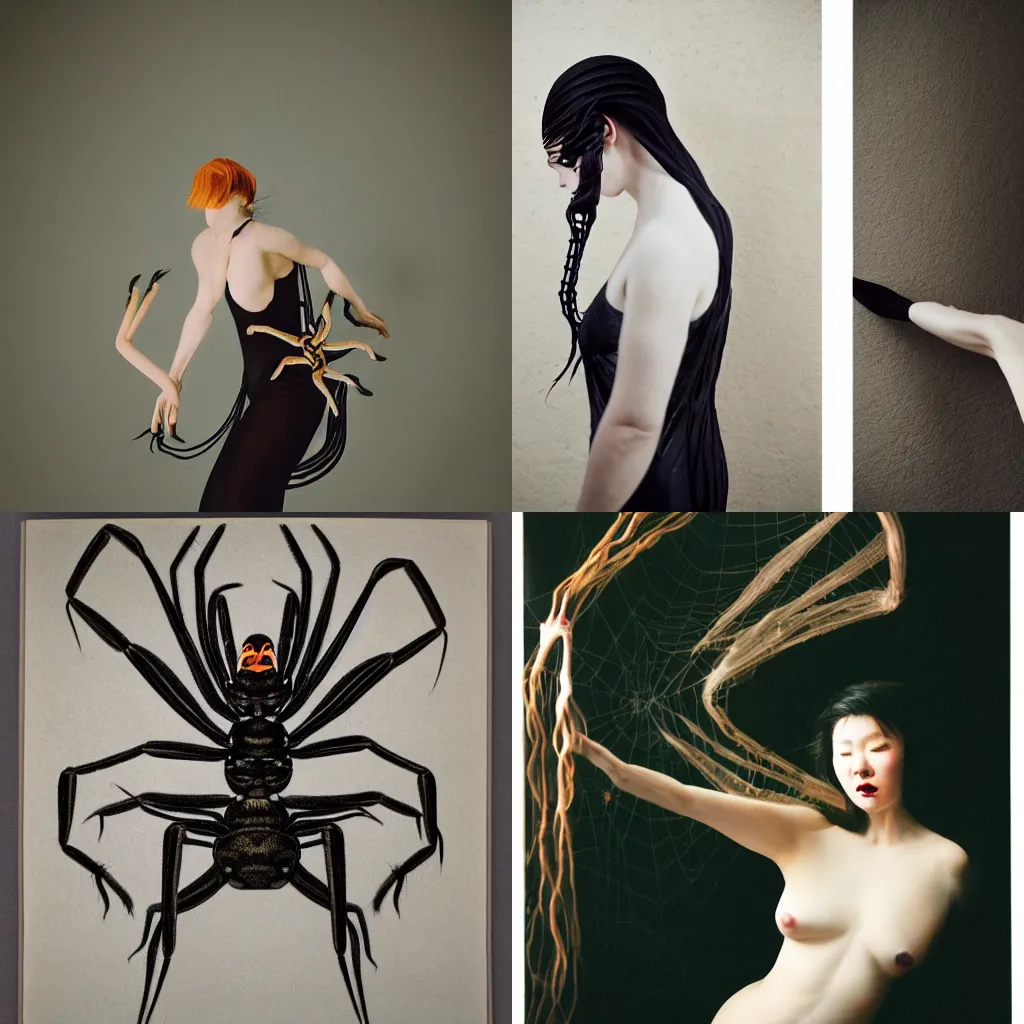 Prompt: kodak portra, studio light, long shot jorogumo, arachne, teratect, woman from waist up emerging from giant spider, art nouveau, clean lines