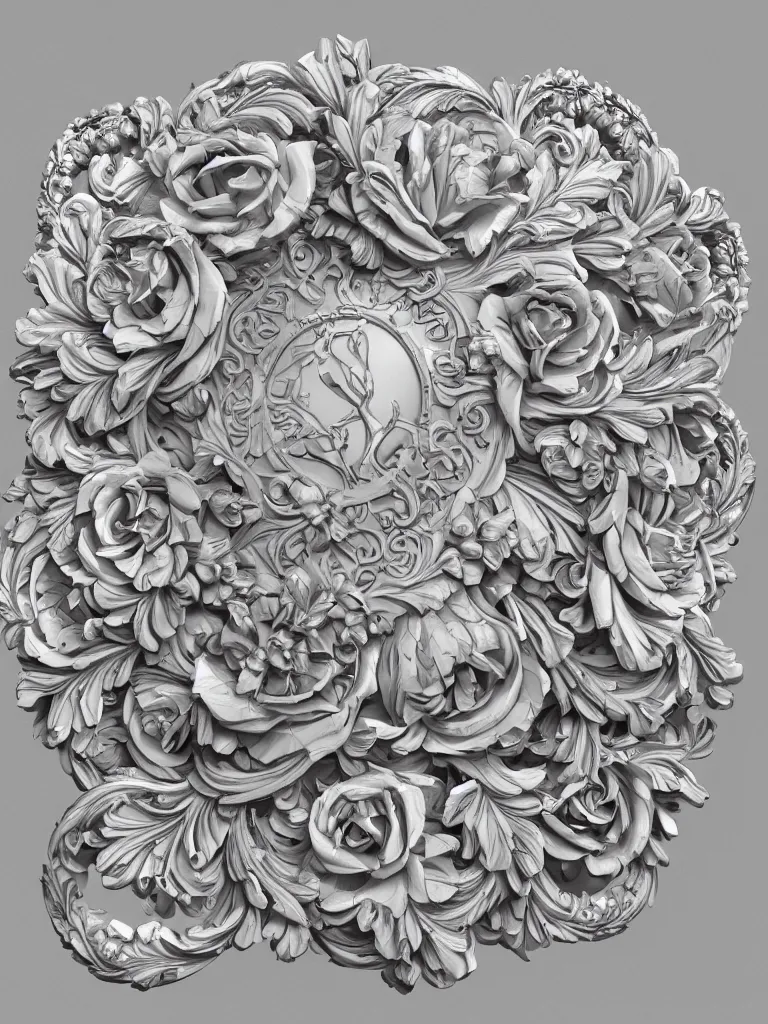 Prompt: beautiful decorative classical ornamental shield emblem, fibonacci rhythms, roses, lilies, rose petals, acanthus, highly detailed etching, gemini, bilaterally symmetrical, small medium and large elements, rendered in octane, 3 d render