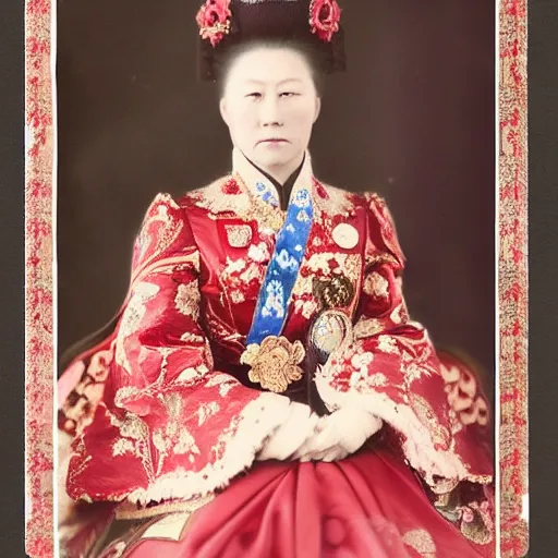 Prompt: A wide full shot, colored Russian and Japanese mix historical fantasy of a photograph portrait taken of the empress wearing her royal wedding attire, photographic portrait, warm lighting, 1907 photo from the official wedding photographer for the royal wedding.