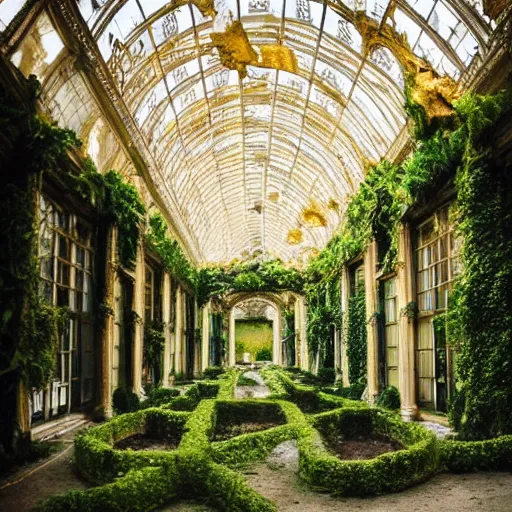 Image similar to a dream about inside opulent abandoned overgrown Palace of Versailles, lush plants growing through the floors and walls, walls are covered with vines, beautiful, dusty, golden volumetric light shines through giant broken windows, rich with epic details and dreamy atmosphere