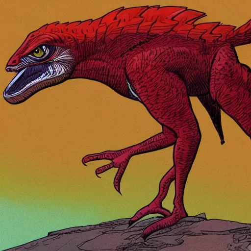 Prompt: red velociraptor on a magnificent colorful planet moebius style