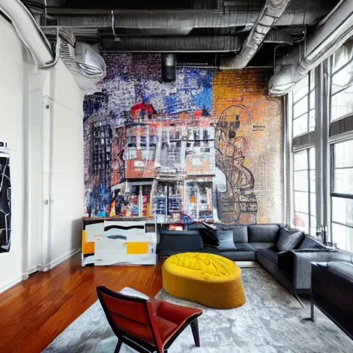 Prompt: trendy downtown loft with modern murals on the wall, modern wall art and patterns, professional photographed interior design, beautiful architecture