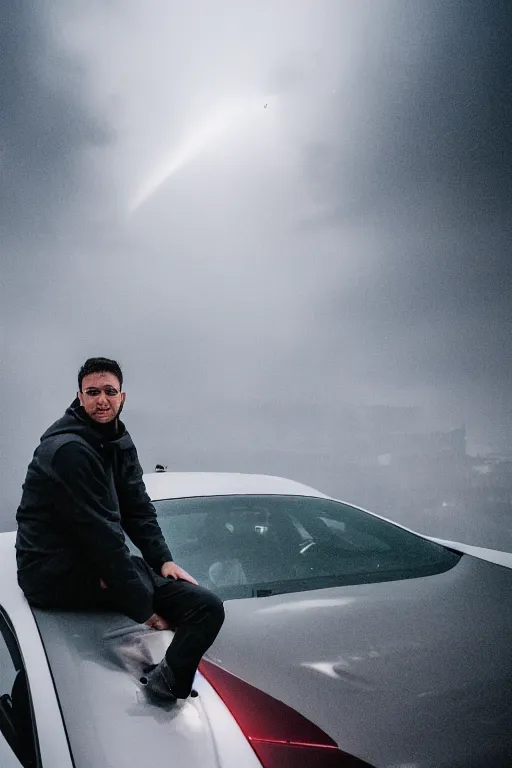 Image similar to Photo of a man sitting on the car roof in the heavy rain at the city that sank , outdoor lighting, dynamic lighting, volumetric, wide angle, anamorphic lens, go pro, 4k