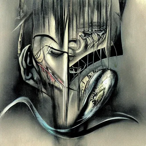 Prompt: a painting by dave mckean and by h r giger