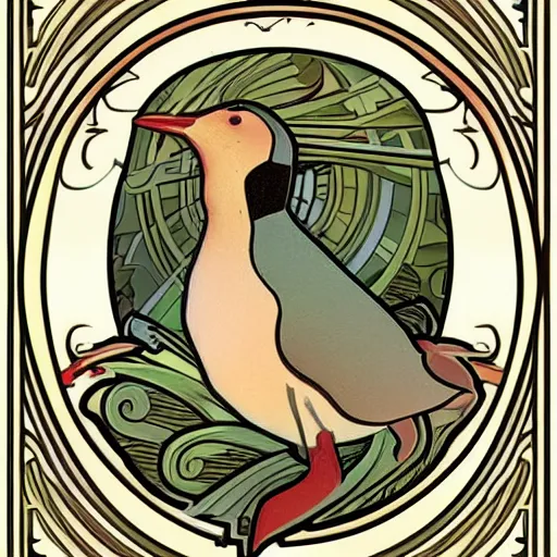 Prompt: wood penguin in the style of alphonse mucha