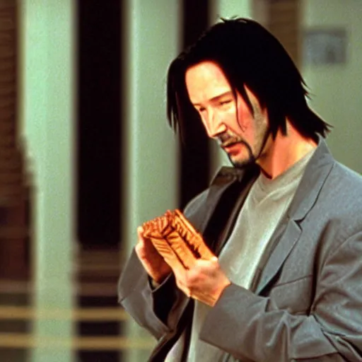Prompt: movie still from the matrix ( 1 9 9 9 ) of keanu reeves eating a snickers bar