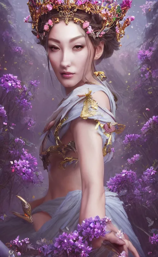 Image similar to A beautiful fantasy magician empress, highly detailed full body, amazing flower tiara, wearing aristocrat robe, delicate figure, field of flowers, among foxes and deer, epic composition, ultra wide-shot, dynamic pose, concept art, beautifully lit, digital painting, smooth, character design, sharp focus, elegant, intricate, trending on artstation, by WLOP and James Jean and Victo Ngai