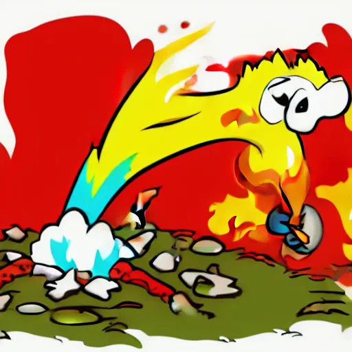 Image similar to parrot burning alive, huge fire, cartoon blood dripping