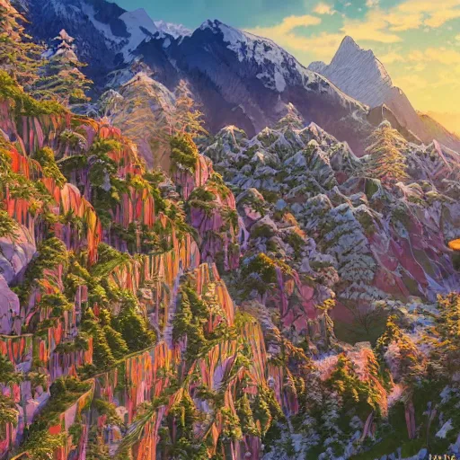 Image similar to the aesthetic view of the beautiful, grand, wistful, dreamy snowcapped mountain at dusk, hyperrealistic anime illustration by iralki nadar, colorful, extremely detailed, intricate linework, super sharp focus, bright colors, octopath traveler, studio ghibli, unreal engine 5 highly rendered, global illumination, radiant light, detailed and intricate environment