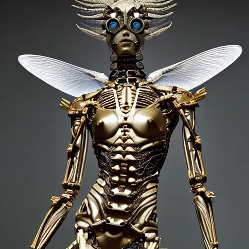 Image similar to still frame from Prometheus movie by Makoto Aida, biomechanical mantis angel archangel gynoid by giger, metal couture by neri oxmn and Guo pei, editorial by Malczewski and by Caravaggio