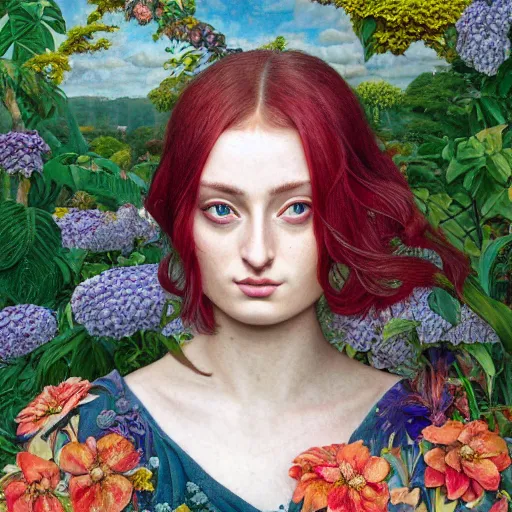 Image similar to sophie turner, exterior botanical garden, portrait face, colorful, frantisek kupka, intricate, miles johnston, kuroda seiki, cynical realism, ozabu, john william godward, painterly, yoshitaka amano, moebius, miles johnston, louise zhang, james jean, mark ryden lowbrow pop surrealism art style