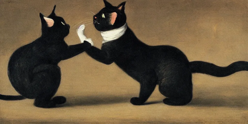 Prompt: cute Black Cat dancing by Rembrant.