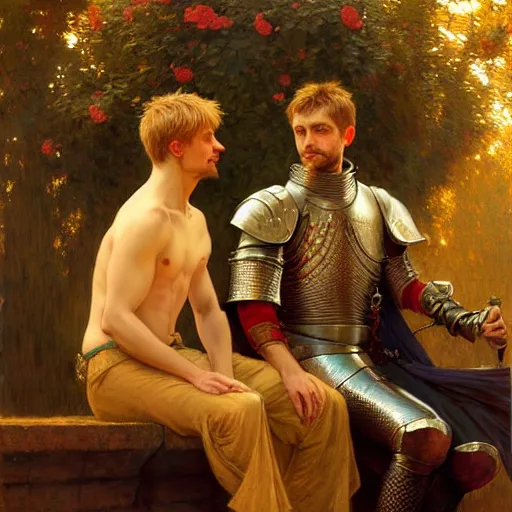 Image similar to attractive arthur pendragon and his attractive male knight, they are in love, natural lighting, path traced, highly detailed, high quality, digital painting, by gaston bussiere, craig mullins, alphonse mucha j. c. leyendecker