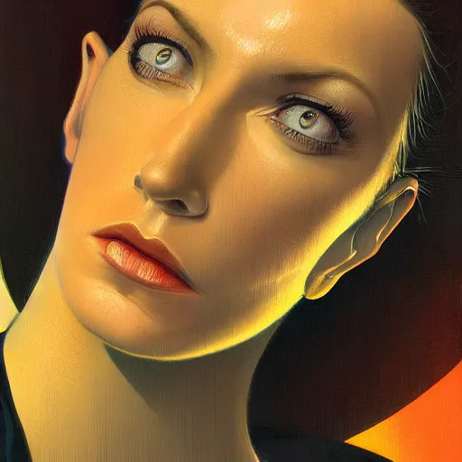 Image similar to detailed face of a woman, clockwork, moment, tectonic sky, skydome, bullet train, jets, turbines, utopian, tech noir, wet reflections, prism, atmospheric, ambient, pj crook, syd mead, livia prima, greg rutkowski, edward hopper