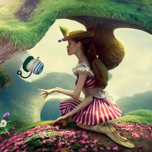 Image similar to Angelina Jolie as Alice in Wonderland talking to the Cheshire Cat that is sitting on a beautiful mushroom, hyperrealistic, highly detailed, depth of field, High definition, 8k, octane render, artstation