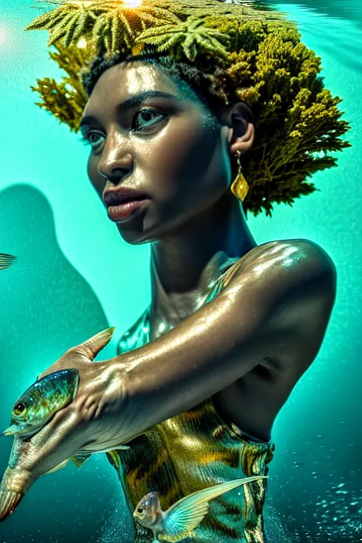 Image similar to hyperrealistic metamodern cinematic half underwater scene with fish and algae, very expressive! translucent elegant african goddess getting out of water, gold jewerly, highly detailed face, digital art masterpiece, aykut aydogdu zener, dramatic volumetric light, long shot, low angle uhd 8 k, sharp focus