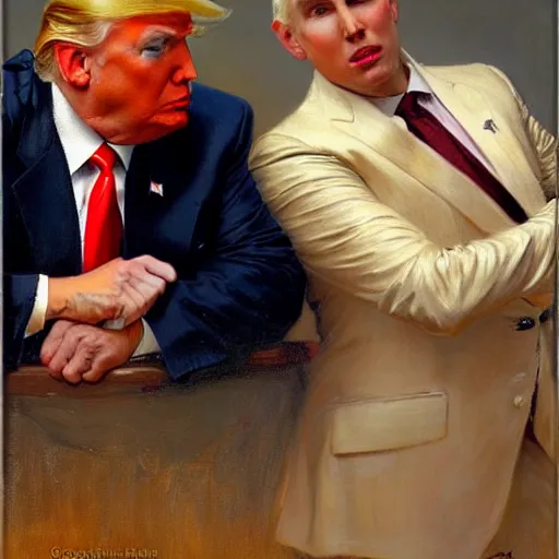 Image similar to attractive fully clothed donald trump confesses his love for his attractive roger stone. highly detailed painting by gaston bussiere and j. c. leyendecker 8 k