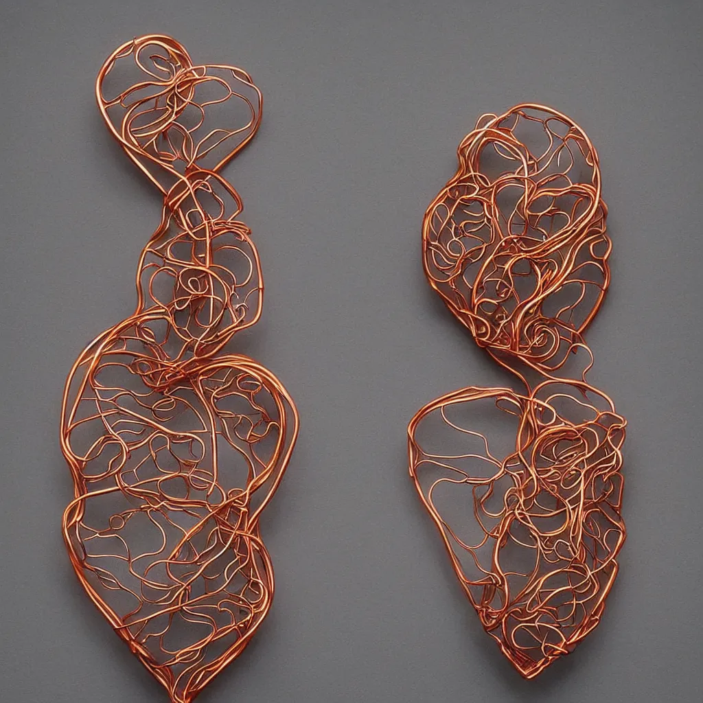 Image similar to a very beautiful tiny ( ( ( ( human heart ) ) ) )!!!!!!!!!!!!!!!!!!!!!!!!! organic sculpture made of copper wire and threaded pipes, very intricate, curved. studio lighting, high resolution, high quality, black background