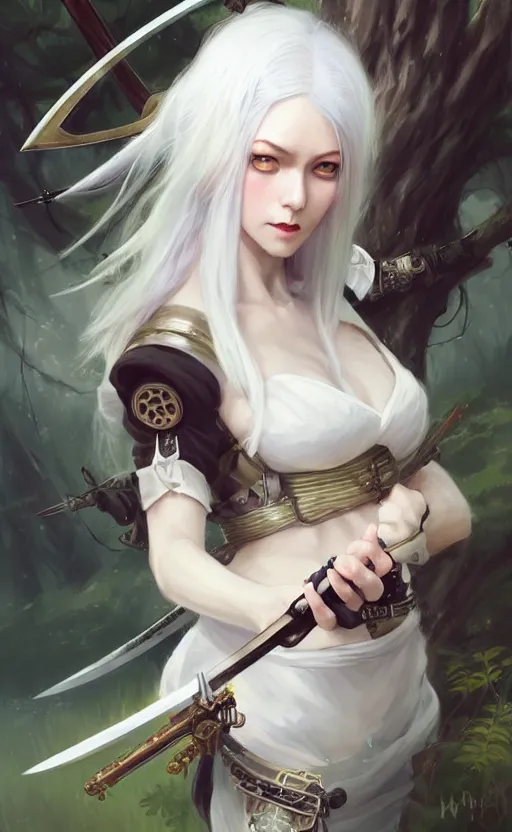 Image similar to stunningly beautiful female white hair hime cut, steampunk hakama with sword and crossbow, fantasy art, fae priestess, lush forest landscape, dark light night, sharp focus, digital painting, 4 k, concept art, art by wlop, artgerm, greg rutkowski and krenz cushart