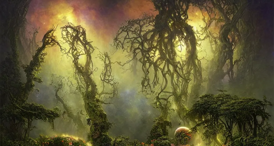 Prompt: a large alien shrine shrouded by mystic nebula magic in a field of flowers, ferdinand knab, breath - taking beautiful flowers, streams, nebula, and mist, an aesthetically pleasing, dynamic, energetic, lively, complex, intricate, detailed, well - designed digital art of magic, streams, flowers, and mist, early morning, light and shadow