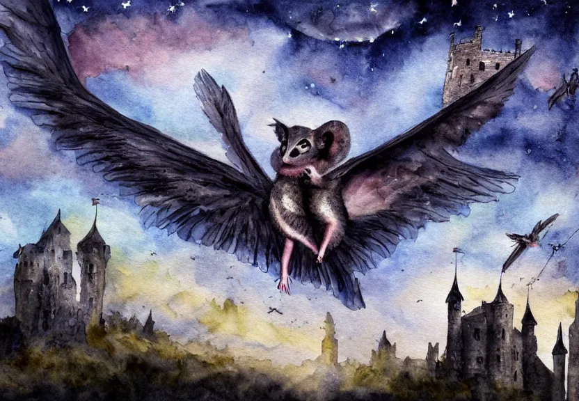 Image similar to winged possum flying over a medieval castle under a dark starred sky, dark fantasy, watercolor, dreaming illusion, highly detailed, 4k, trending on Artstation, award-winning