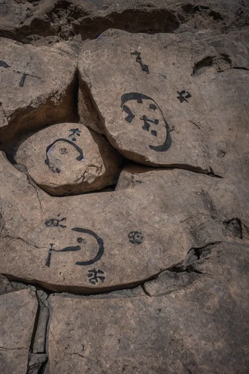 Image similar to 4 k photography of petroglyphs representing crosses, ufo, yin yang symbol on a cave