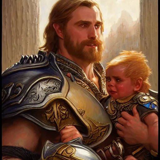 Image similar to attractive fully clothed arthas menethil confesses his love for his attractive fully clothed thrall son of durotan. highly detailed painting by gaston bussiere and j. c. leyendecker 8 k