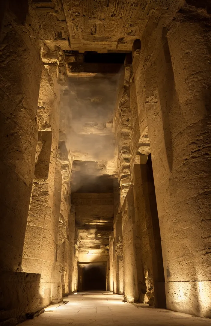 Image similar to punisher symbol is giant arching entrance into ancient egyptian temple with luminous smoke and light rays.