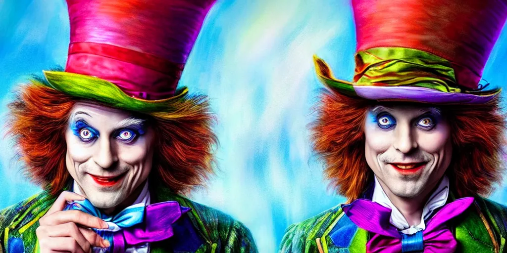 Image similar to The Mad Hatter portrait, Alice in wonderland, colorful, wide angle, super highly detailed, professional digital painting, artstation, concept art, smooth, sharp focus, no blur, no dof, extreme illustration, Unreal Engine 5, Photorealism, HD quality, 8k resolution, cinema 4d, 3D, beautiful, cinematic, art by artgerm and greg rutkowski and alphonse mucha and loish and WLOP