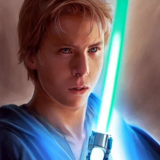 Prompt: full body Over-the-Shoulder Shot of a young blonde male jedi with short hair with his blue lightsaber is ignited illuminating him and the scene, concept art by Doug Chiang cinematic concept art, realistic painting, high definition, digital art, matte painting, symmetrical, very detailed, realistic, dramatic lighting, cinematic, establishing shot, extremely high detail, photo realistic, cinematic lighting, post processed, concept art, artstation, matte painting, red color scheme, the Mandalorian concept art style