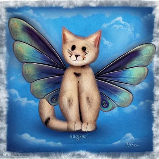 Prompt: fantasy. a big happy cat with soft fluffy colored fur and translucent wings like a butterfly flies across a realistic sky. clear details