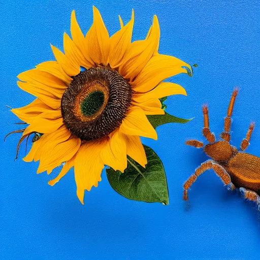 Image similar to still life of a foot, a tarantula, and a sunflower, blue background, dynamic composition, saturated colors