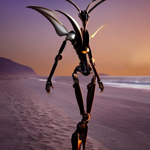 Prompt: close-up shot of a cute and beautiful well-proportioned anthropomorphic robot female dragon doing an elegant pose, the head has two eyes and two horns, a sleek yet elegant design of metal plating, with two big epic wings behind her attached to her back, two arms with one hand on her hip, the background is of the beach at night; HD digital art, artstation, deviantart, furaffinity, high quality detail