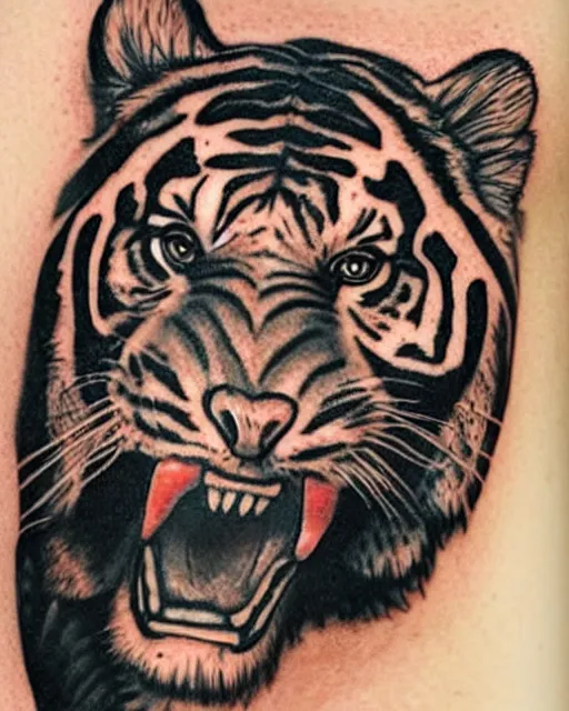 Image similar to tattoo design of a beautiful girl, wearing a tiger head hat, hyper realistic, hyper detailed, in the design of eliot kohek