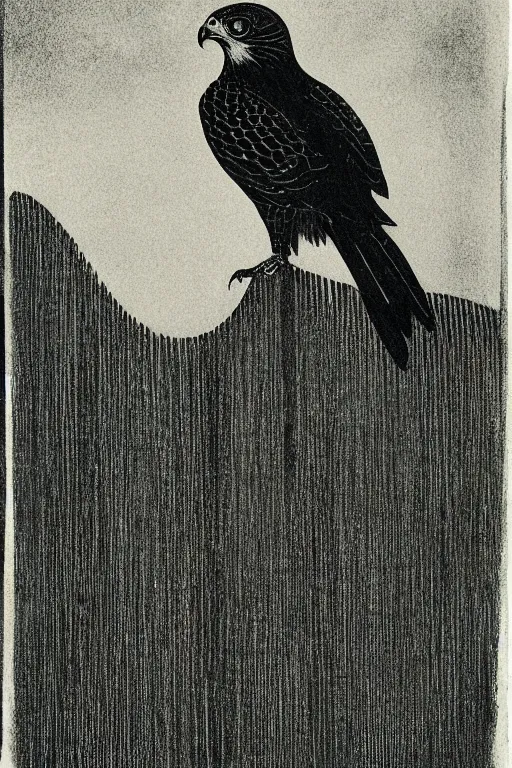 Prompt: an hawk resting on a fence, an illustration of by laszlo moholy - nagy, behance, sosaku hanga, cyanotype, photoillustration, calotype