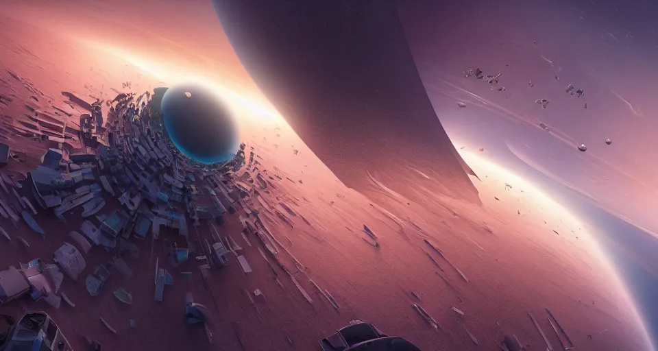 Image similar to The great migration of people on a huge ship collapsed in the form of an O'Neill cylinder in orbit of a black hole, rectilinear, barometric projection, dutch angle from space view, concept art, high detail, intimidating, deep rich colors, iridescent radiance, epic scale ultrawide angle, stunning, epic, cinematic, Artstation trending, octane render, hyperrealistic, Cryengine 8k UHD