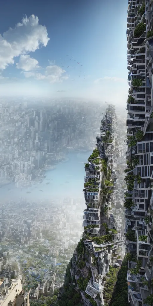 Prompt: in a sunny day, an architectural photograph of a skyscraper city built into the side of a cliff, architecture by daniel libeskind, atmospheric, cinematic lighting, nature meets architecture, cgsociety, fantastic realism, matte painting, terragen, artstation hq, clear glass, terraces, balconies, plants