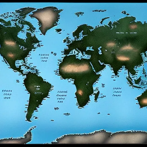 Prompt: inverted world map, land instead of water and water instead of land