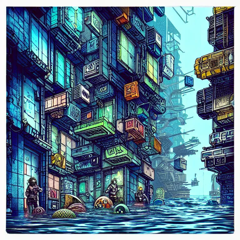 Image similar to an absurdly-detailed cyberpunk alleyway colored-pen drawing as a fancy square tile. Sea-life in a submerged-city.