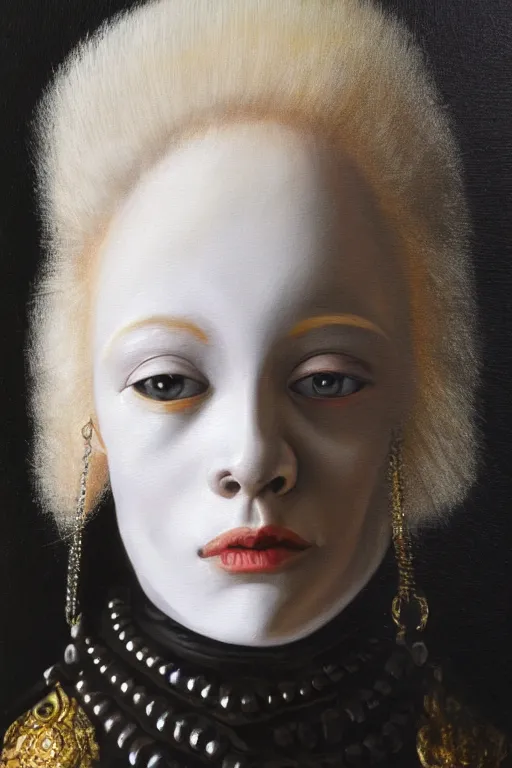 Prompt: hyperrealism oil painting, close - up portrait of albino medieval fashion model, black silk, steel gradient mixed with nebula sky, in style of baroque