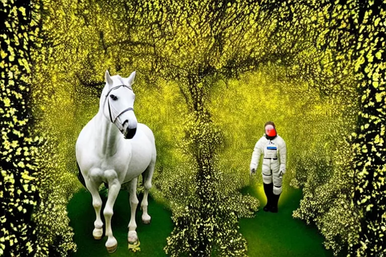 Prompt: an astronaut rode a white horse in a forest of osmanthus, surreal style, dreamy style