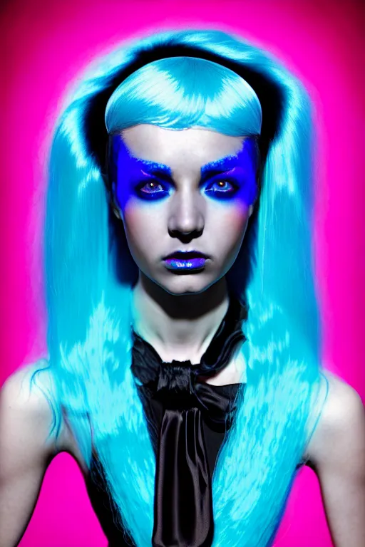 Prompt: a gorgeous young female with glowing neon blue hair, perfect skin, a black silk sash, photo by tim walker, hyper - realistic, full body shot, wide angle, sharp focus, 8 k high definition, insanely detailed, intricate, elegant, award - winning cgi realism, in the style of art by kilian eng and artgerm