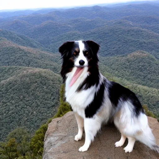 Image similar to blue Merle Australian shepard on top of a mountain