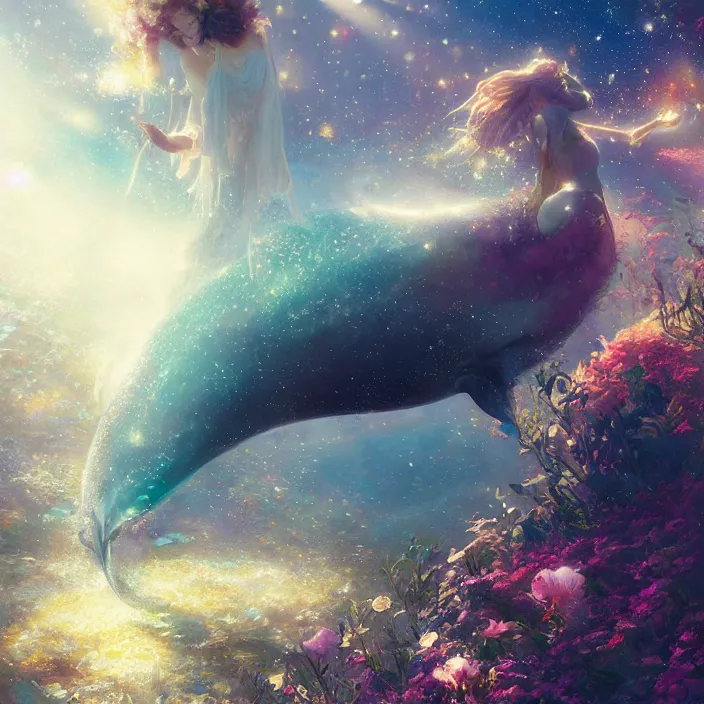 Image similar to glimmering whale, flowing dress, flowers, cosmos, milky way galaxy, golden hour, god rays, coral reef, dreamscape by artgerm and ruan jia and ismail inceoglu and greg olsen, masterpiece, beautiful, intricate, elegant, highly detailed